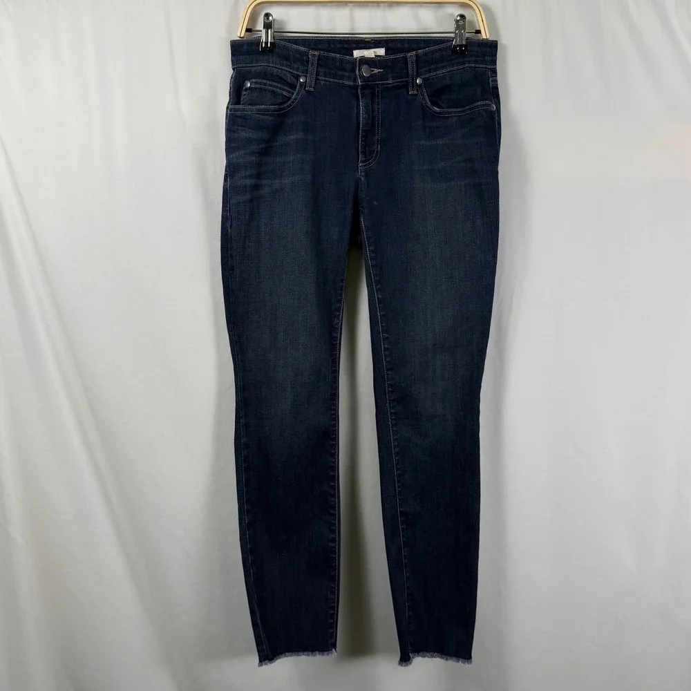 Eileen Fisher Dark Wash Jeans Raw Hem Indigo Blue Stretch 5 Pocket Zip Womens 6